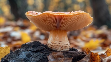 Macro image of mushroom close-up. Mushroom grows in autumn forest.