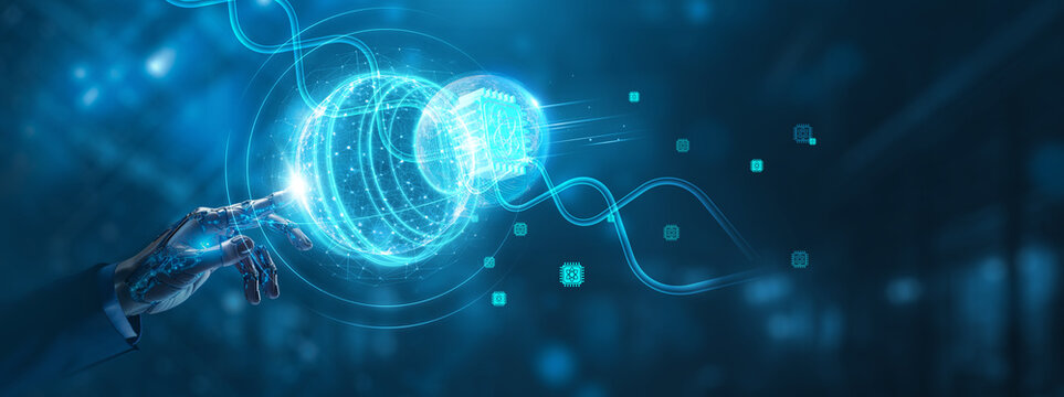 Businessman mechanical robotic hand touching quantum computing global network, data processing and network connection on digital interface, revolutionary technology and innovation concept.