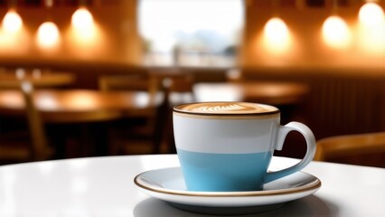 An inviting coffee cup sits on a white table with a blurred cafe background, creating a cozy and relaxing atmosphere