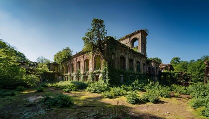 Obraz premium Abandoned neoclassical mansion is being slowly reclaimed by nature, as plants and trees thrive on its walls and roof