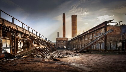 Fototapeta premium Crumbling remains of an industrial building with tall smokestacks, showing the effects of time and abandonment