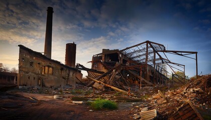 Fototapeta premium Decaying remnants of a deserted factory illuminated by the setting sun