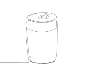 This vector illustration depicts a continuous line drawing of a soda aluminum can. The artwork features a sleek and minimalistic