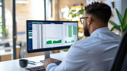 a financial advisor reviewing investment portfolios on a modern computer screen
