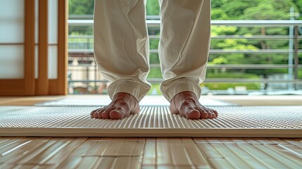 Man Standing on white Acupressure Mat Close-Up