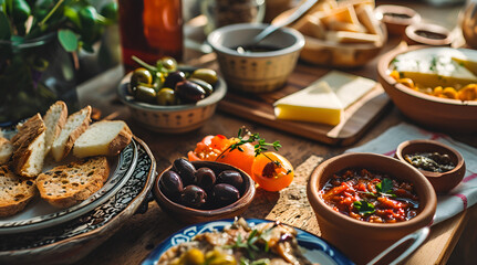 cheese and olives with vegetables in the table