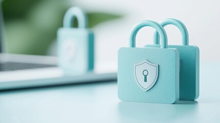 Naklejka premium Stylish teal padlocks with shield designs, symbolizing security and protection in a digital workspace.