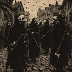 Ominous Procession of Plague Doctors in Abandoned Village at Dusk with Macabre Woodcut Aesthetic