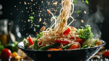 Steaming Noodles Falling into a Bowl of Fresh Vegetables, food , asian , noodles , culinary