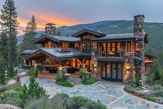 A large house with a stone exterior and a large stone chimney - Powered by Adobe