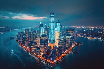 Obraz premium A city skyline with a tall building in the middle