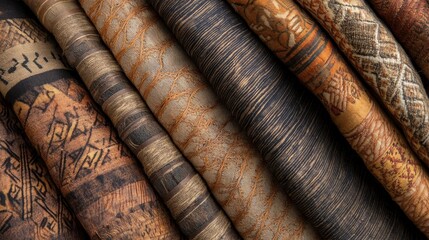 Fototapeta premium Textured Fabric Rolls in Warm Tones, fabric, texture, pattern, design
