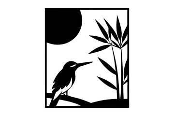 Bird Silhouette and Bamboo on Sunset Vector Illustration 