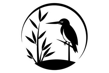 Bird Silhouette and Bamboo on Sunset Vector Illustration 