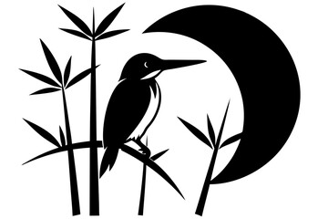 Bird Silhouette and Bamboo on Sunset Vector Illustration 