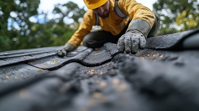 close-up of a roofing professional applying sealant or roofing tar to seams and joints on a roof, aiming to prevent leaks and extend the lifespan of the roofing material