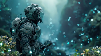 Naklejka premium A high-tech diver mapping underwater caves with an advanced handheld scanner.