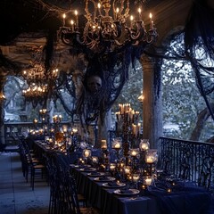 Fantastical Gothic Halloween Party with Ornate Decor Flickering Candlelight and Moonlit Terrace