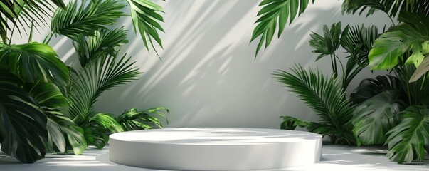 Obraz premium White Platform in Lush Greenery, Product Display, Tropical Background, Minimalism , greenery , display , background