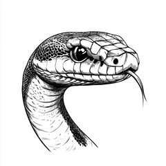Sketch style snake head with tongue. Isolated angry snake, hand drawn reptile illustration. Wild dangerous poisonous forest animal, exotic animalistic character