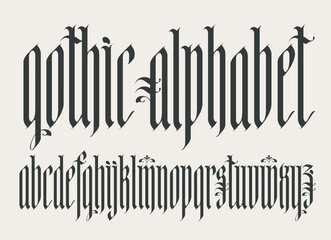 Gothic font. Full set of letters of the English alphabet in vintage style. Medieval Latin letters. Vector calligraphy and lettering. Suitable for tattoo, label, headline, poster, etc.