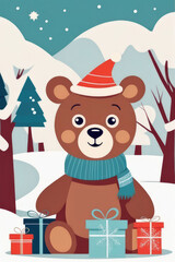 Naklejka premium Adorable сute bear holding holiday gifts and decorations. .