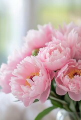 Obraz premium Fresh bouquet of pink peonies in a sunlit room with soft background