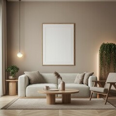 modern living room, minimalist decor, neutral color palette, wooden furniture, large blank framed canvas, cozy atmosphere, indoor plants, contemporary art, subtle elegance, warm lighting, Scandinavian