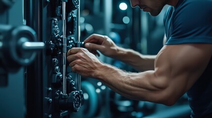 scene of a person tightening the adjustment knobs on a fitness machine, like a stationary bike or weight bench, to ensure a customized and secure workout experience