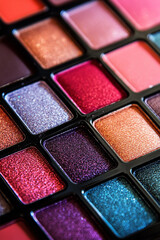 Fototapeta premium A close-up of a vibrant multi-colored makeup palette reveals an array of rich, shimmering shades