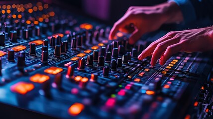 image of a sound engineer adjusting the levels on an audio mixer during a live event or recording session, with a focus on balancing sound and ensuring optimal audio quality