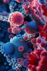A close-up macro shot reveals intricate details of red and blue microbes, molecules, and virus particles