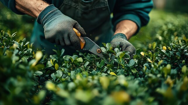 close-up of a gardener trimming hedges or bushes with pruning shears, showcasing the careful process of shaping and maintaining healthy foliage