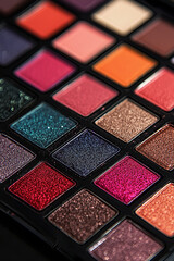 A close-up of a vibrant multi-colored makeup palette reveals an array of rich, shimmering shades