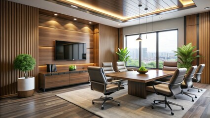 Modern office interior with a large flat-screen TV mounted on a sleek wooden wall, surrounded by comfortable seating and contemporary office furniture.