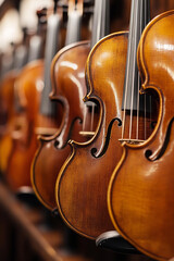 A collection of violins, each with a polished wooden finish, is elegantly displayed