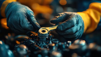 close-up of a mechanic using a wrench to loosen bolts on a car engine, emphasizing the careful effort needed to release tightly fastened components for repair or maintenance
