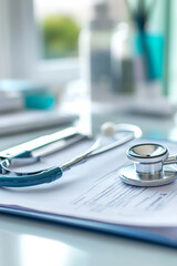 
A health care and medical background features a clean, professional setting, with elements such as a stethoscope, medical charts, and a clipboard