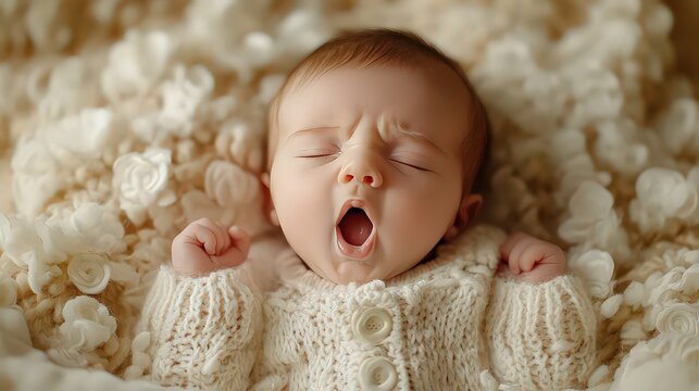 close-up of a newborn mid-yawn, showcasing their delicate features and the pure, innocent essence of early infancy