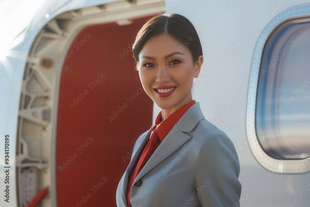 Poster a flight attendant stands at the airplane door, smiling and ready to welcome passengers on board dur