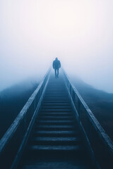Obraz premium A man ascends a set of stairs leading into the unknown, symbolizing a journey of discovery