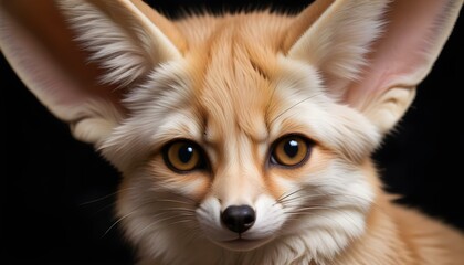 Obraz premium A fennec fox with large ears, soft fur, and a focused expression against a dark background