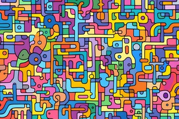 Colorful geometric mosaic pattern illustration with creative abstract shapes. Modern style background print. Trendy bright symbols and minimalist shapes, geometry collage. Black lines.