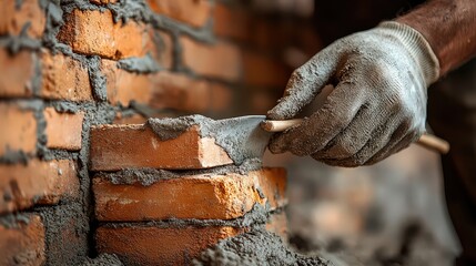 Obraz premium Worker carefully laying bricks with mortar to build a wall, close-up view.