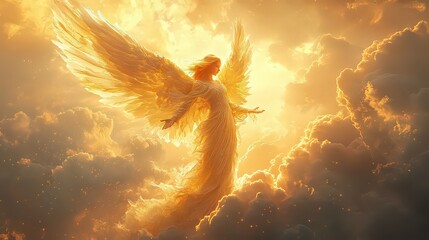 radiant angel with outstretched wings, bathed in a soft golden light, hovering above the clouds, symbolizing divine protection