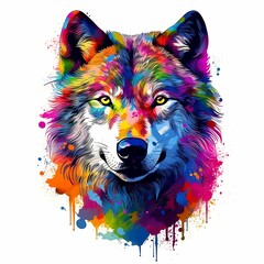Naklejka premium Colorful artistic representation of a wolf's head with vibrant splashes at sunset