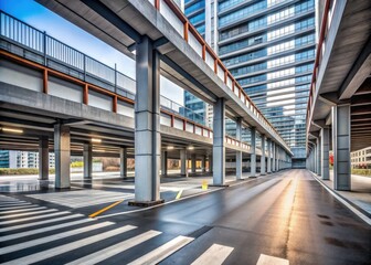 Modern parking garage with empty spaces and pedestrian crossings in Milan, Italy, featuring sleek architecture and urban infrastructure on a quiet morning in March.