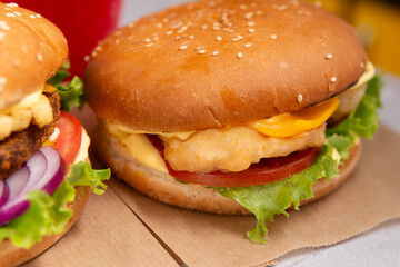 burger with chicken, cheese, salad, tomato png for menu, banner