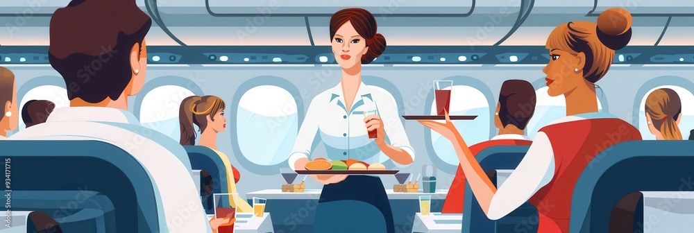 Poster a flight attendant is serving snacks and drinks to passengers seated comfortably in the cabin of an 