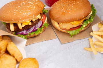 burgers and French fries, nuggets, free space for your text